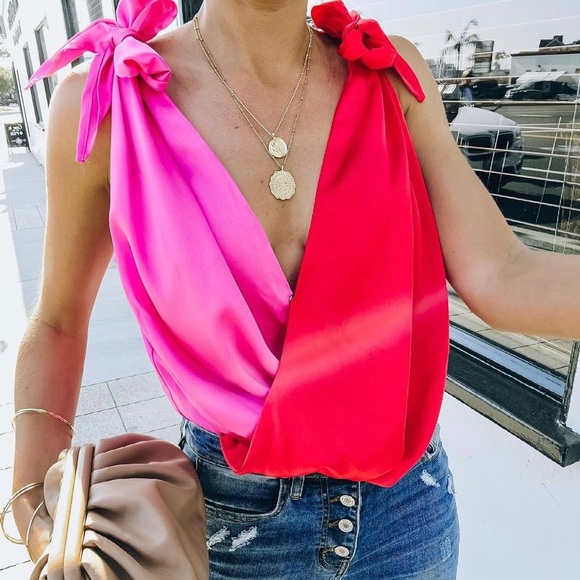 Tops - Pink and Red Color-Block Shoulder Tie Bodysuit